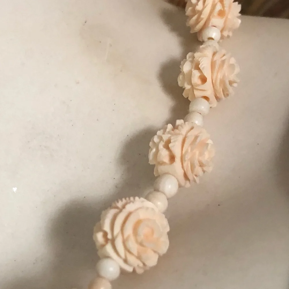 Antique Carved Roses Ivory Necklace